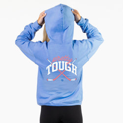 Blue hoodie with 'pretty tough' text and hockey stick design on a white background