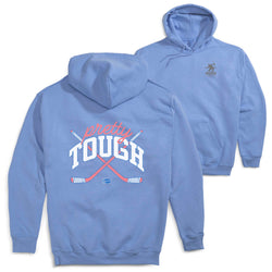 Light blue hoodie with 'Pretty Tough' text and crossed sticks design on front and back, on a white background.