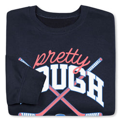 Folded navy sweatshirt with 'pretty tough' text and hockey stick graphics on a white background