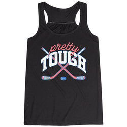 Black tank top with 'pretty tough' text and hockey graphics on a white background