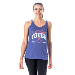 Woman wearing a blue tank top with 'pretty tough' text and crossed sticks design on a white background