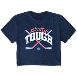 Navy blue t-shirt with 'pretty tough' graphic design on a white background
