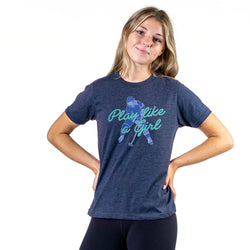 Woman wearing a navy blue t-shirt with a graphic and text on a white background