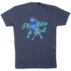 Navy t-shirt with hockey player graphic and 'Play like a girl' text on a white background