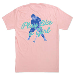 Pink t-shirt with blue graphic of a hockey player and text 'Play like a girl' on a white background