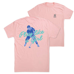 Pink t-shirt with hockey graphic and 'Play like a girl' text on a white background