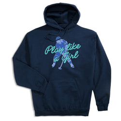 Navy blue hoodie with graphic of a hockey player and 'Play like a girl' text on a white background