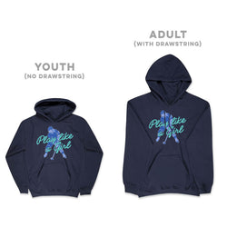 Navy blue hoodies with 'Play like a girl' text and graphics on a white background