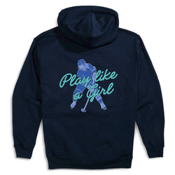 Navy hoodie with graphic of a hockey player and 'Play like a girl' text on the back, on a white background.