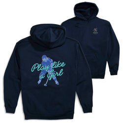 Navy blue hoodie with graphic of a hockey player and text 'Play like a girl' on a white background