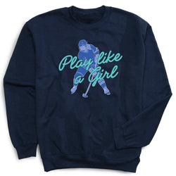 Navy blue sweatshirt with graphic of a hockey player and 'Play like a girl' text on a white background