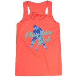 Orange tank top with graphic of a hockey player and text 'Play like a girl' on a white background