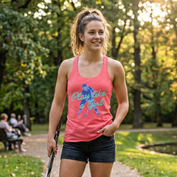Woman in a pink tank top with a hockey girl graphic design, standing outdoors in a park.