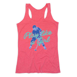 Red tank top with graphic of a hockey player and text 'Play like a girl' on a white background