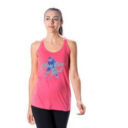 Woman wearing a pink tank top with a hockey girl graphic design on a white background