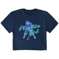Navy blue t-shirt with hockey player graphic and 'Play like a girl' text on a white background