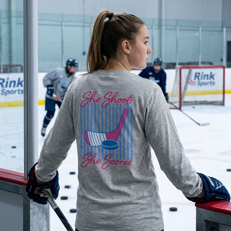 Hockey Tshirt Long Sleeve - She Shoots She Scores (Back Design) 
