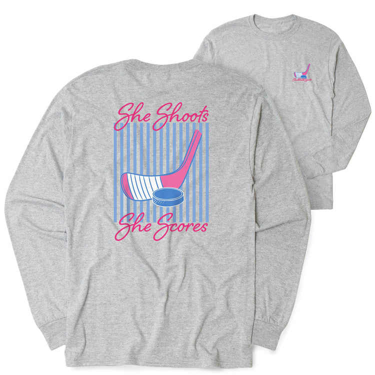 Hockey Tshirt Long Sleeve - She Shoots She Scores (Back Design) 