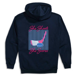Navy blue hoodie with hockey girl graphic design on the back featuring text and hockey elements.