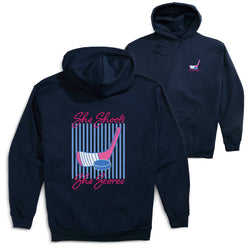 Navy blue hoodie with hockey girl graphic design and text on a white background