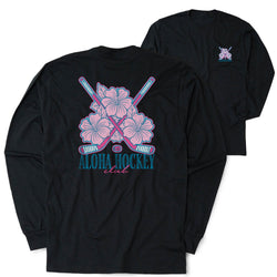 Black long-sleeve shirt with pink floral and hockey stick design on the back, labeled 'Aloha Hockey Club'.