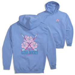 Light blue hoodie with 'Aloha Hockey' design on a white background