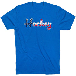 Blue t-shirt with 'Hockey' text in American flag colors on a white background