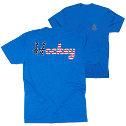 Blue t-shirt with patriotic 'Hockey' design on a white background
