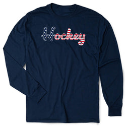 Navy blue long-sleeve shirt with 'Hockey' printed in red and white on a white background