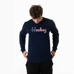 Person wearing a navy blue long-sleeve shirt with 'Hockey' logo on a white background