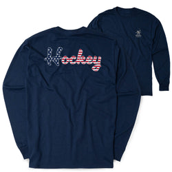 Navy blue long-sleeve shirt with 'Hockey' text in red and white on a white background