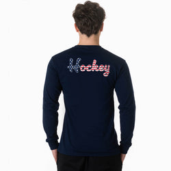 Person wearing a navy blue long-sleeve shirt with 'Hockey' printed on the back against a white background