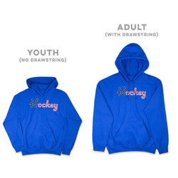 Two blue hoodies with hockey patriotic script, one for adults with drawstring and one for youth without drawstring, on a white background.