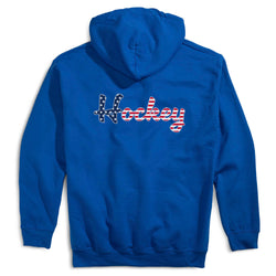 Blue hoodie with 'Hockey' text on the back against a white background
