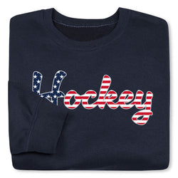 Navy sweatshirt with patriotic hockey script folded