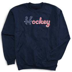 Navy blue sweatshirt with patriotic 'Hockey' text on a white background