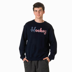 Person wearing a navy sweatshirt with patriotic hockey script