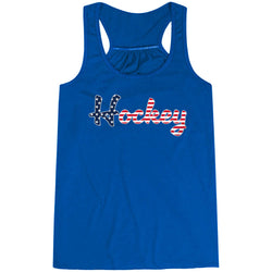 Blue tank top with 'Hockey' printed on it against a white background