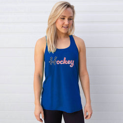 Woman wearing a blue tank top with 'Hockey' printed on it against a white background