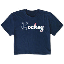 Navy blue t-shirt with 'Hockey' printed in red and white on a white background