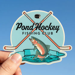 Sticker with 'Pond Hockey Fishing Club' design featuring a fish and crossed hockey sticks against a blue background.
