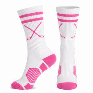Hockey Mid-Calf Socks - Crossed Sticks - White/Pink