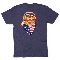 Navy blue t-shirt with a graphic of a dog wearing sunglasses and an American flag bandana on a white background.