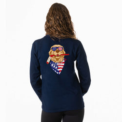Navy blue long sleeve tee with a dog wearing sunglasses and an American flag bandana on the back, worn by a person.