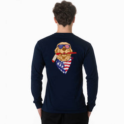 Person wearing a navy blue long-sleeve shirt with a hockey graphic of a dog wearing sunglasses and an American flag bandana on the back.