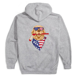 Gray hoodie with a dog graphic wearing sunglasses and an American flag bandana on the back.
