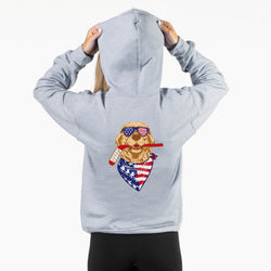 Gray hoodie with a dog graphic wearing sunglasses and an American flag bandana on a white background