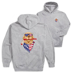 Gray hoodie with a dog graphic wearing sunglasses and an American flag bandana on a white background