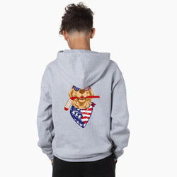 Person wearing a gray hoodie with a graphic of a dog wearing an American flag bandana on the back.