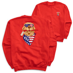 Red sweatshirt with a dog wearing sunglasses and an American flag bandana on the back, and a small logo on the front.